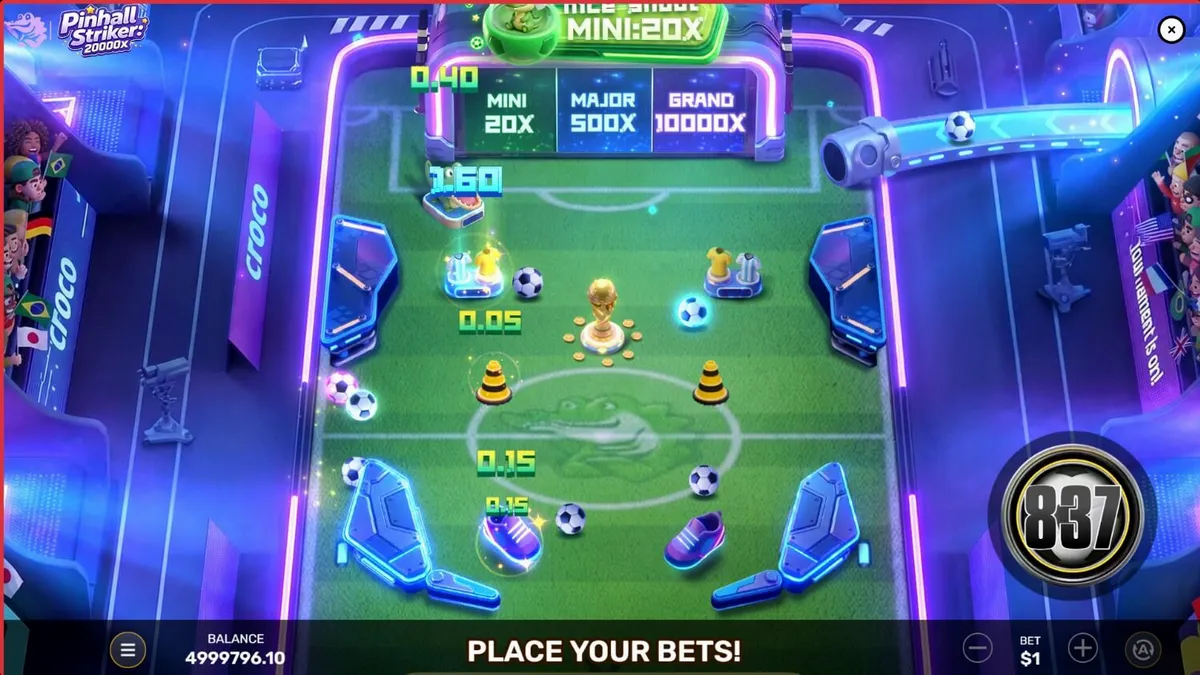 Pinball Striker 20,000x slot game interface showing neon stadium and pinball mechanics