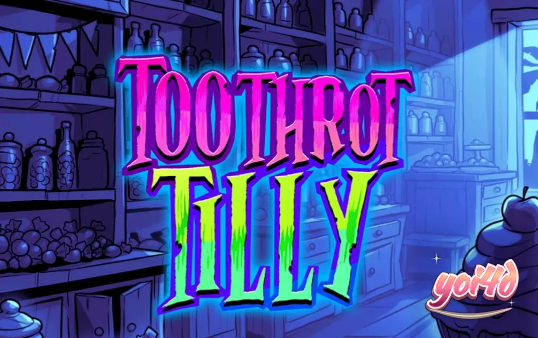 Tampilan layar utama slot Toothrot Tilly dengan karakter utama dan simbol permen neon.